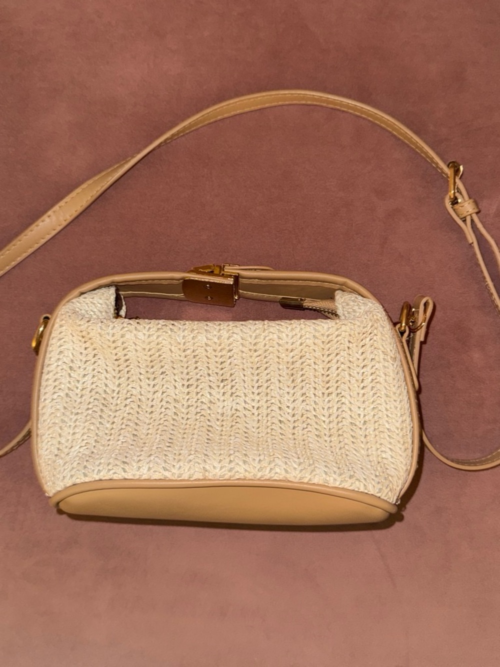 Amazon Cream Woven Crossbody with Tan Trim